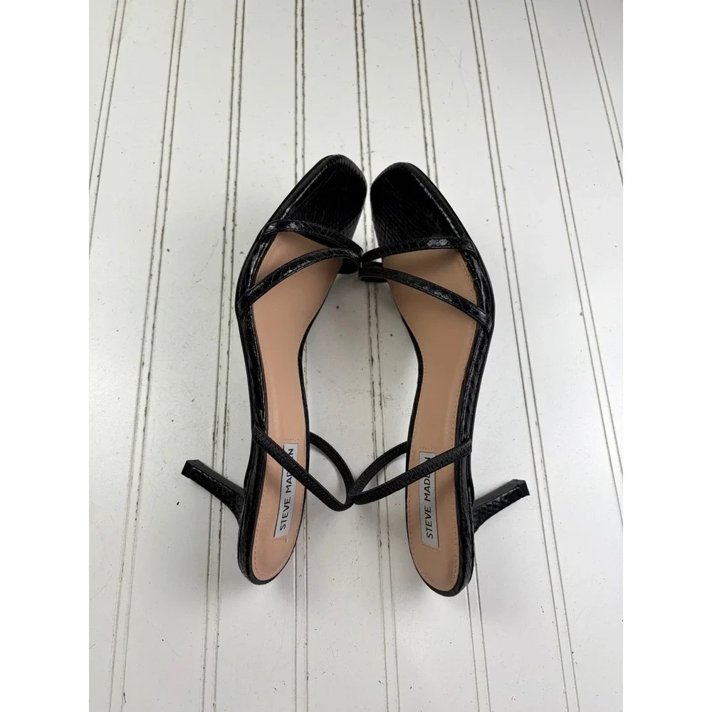 Steve Madden Y2K Loft Black Snake Strappy Kitten Heel Sandals Women's Size 9.5